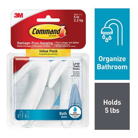 Towel Hook, White, Plastic, 1 1/2 in D, PK3 MPN:Bath17-3ES