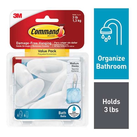 Bath Hook, White, Plastic, 1 1/8 in D, PK6 MPN:BATH18-6ES