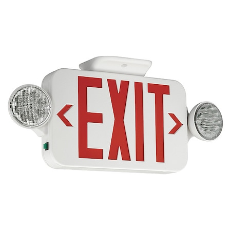 Exit Sign with Emergency Lights, 7 1/4 in H x 18 in W, LED, Flush Mount, 2 Lamp Heads, White/Red MPN:CCR