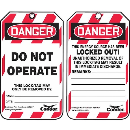 Lockout Tag, Danger, Plastic, 3 1/4 in Width, 5 3/4 in Height, Write On Surface: Yes, 10 PK MPN:48RU07