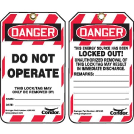 Lockout Tag, Danger Do Not Operate, 3 1/4 in W x 5 3/4 in H, Plastic, Red/White, Pk of 25, PK25 MPN:48RU08