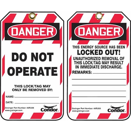 Lockout Tag, Danger, Plastic, 3 1/4 in Width, 5 3/4 in Height, Write On Surface: Yes, 100 PK MPN:48RU09