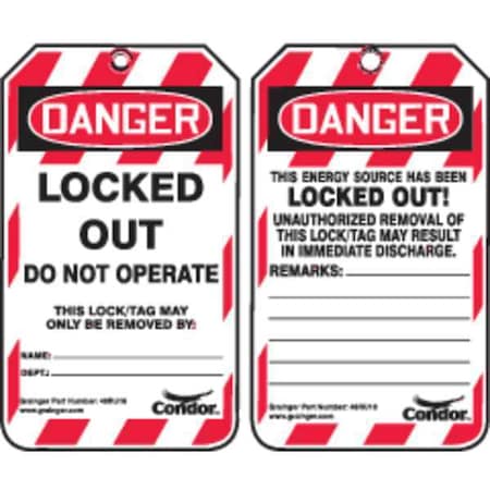 Lockout Tag, Locked Out / Do Not Operate / Only Removed By, Plastic, 3.25 in W x 5.75 in H, PK10 MPN:48RU16