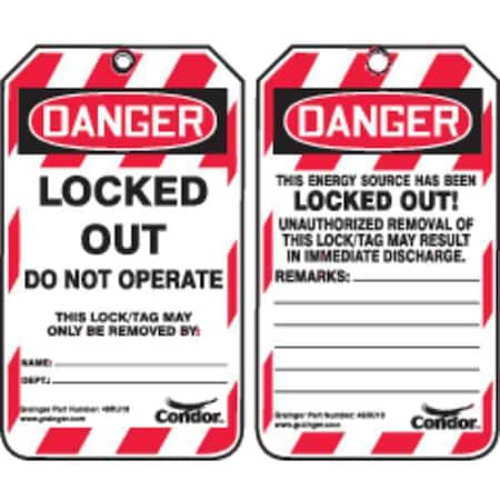 Lockout Tag, Danger, Plastic, 3 1/4 in Width, 5 3/4 in Height, Write On Surface: Yes, 100 PK MPN:48RU18