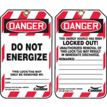 Lockout Tag, Danger, Do Not Energize, Plastic, 3.25 in W x 5.75 in H, Red/White, PK25 MPN:48RU20