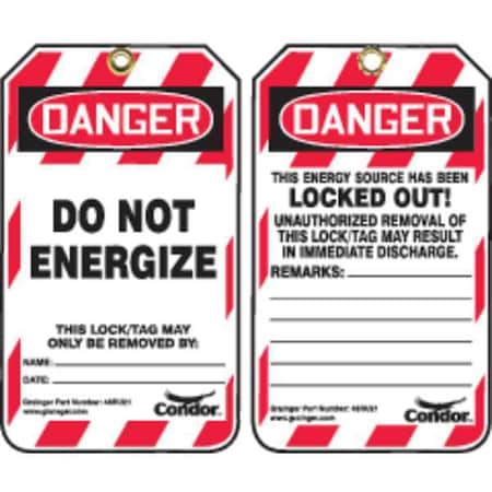 Lockout Tag, Danger, Plastic, 3 1/4 in Width, 5 3/4 in Height, Write On Surface: Yes, 100 PK MPN:48RU21