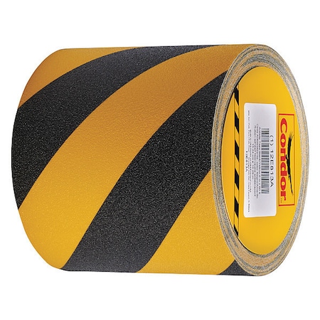 Anti-Slip Tape, Coarse, 60 Grit Size, Striped, Black/Yellow, 6 in x 60 ft, 32 mil Thickness, Acrylic MPN:GRAN5045