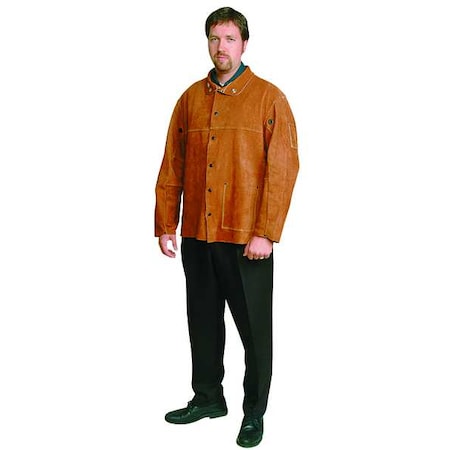 Welding Jacket, Cowhide, 30 in Length, Snaps Closure, 3 Pockets, Brown, XL MPN:2AG83