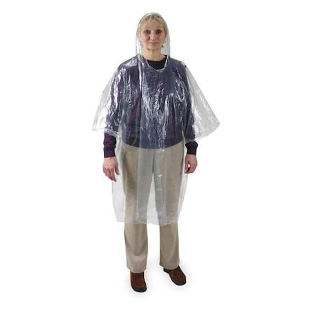 Disposable Rain Poncho, Clear, Polyethylene, Pull-On, 40 in Lg, 0.02 mm Thick, 24 Per Pack MPN:2ELD5
