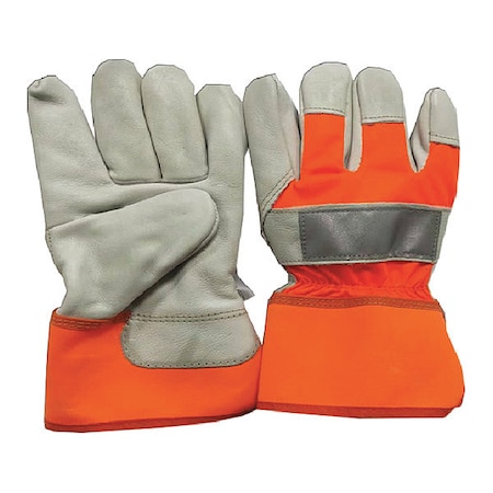 Leather Gloves, Cowhide, Safety Cuff, Wing Thumb, Full Finger, White/High-Visibility Orange, L MPN:48WT90