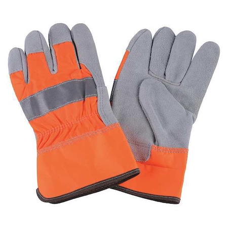Leather Gloves, Cowhide, Safety Cuff, Wing Thumb, Full Finger, High-Visibility Orange, M, 1 PR MPN:4NHE2