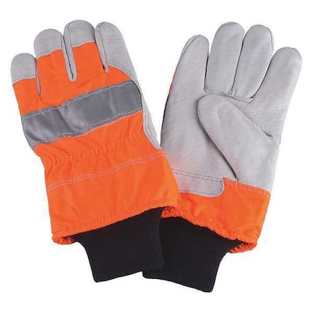 Leather Gloves, Pigskin, Knit Cuff, Wing Thumb, Full Finger, High-Visibility Orange, S, 1 PR MPN:4NHE5