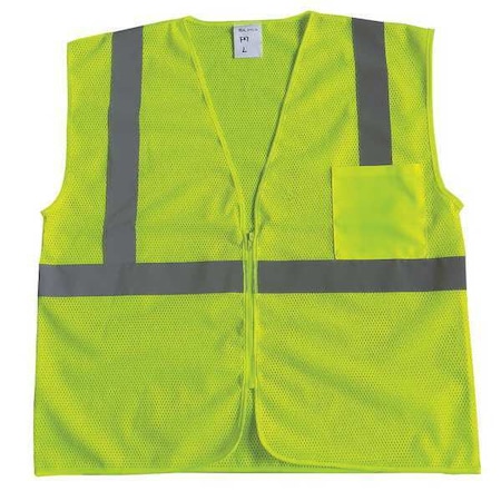 High Visibility Vest, ANSI Class 2, Mesh Polyester, U-Back, Zipper, 1 Pocket, Lime, 5XL MPN:53YL23