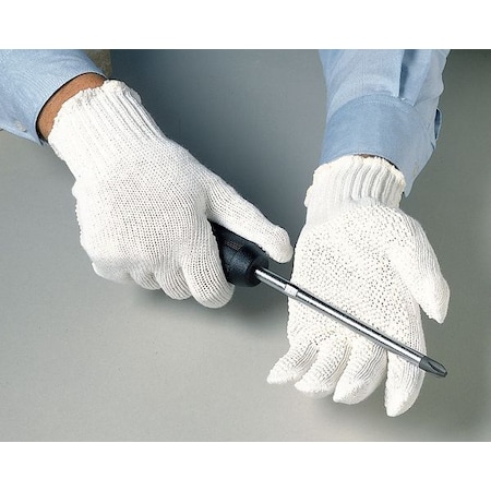 General Purpose Glove, Cotton/Polyester, Dotted Palm, Knit, White, L, 1 PR MPN:9XW97
