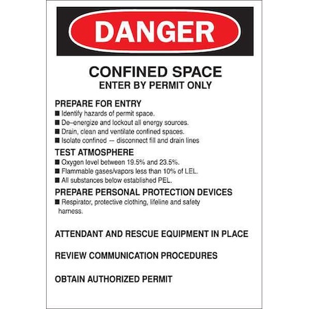 Danger Sign, 10 in H x 7 in W, Plastic, Confined Space Enter By Permit Only MPN:35GA72