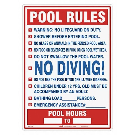 Safety Pool Rules, 20 in W x 28 in H, Vertical Rectangle, Polyethylene, 444M42 MPN:444M42
