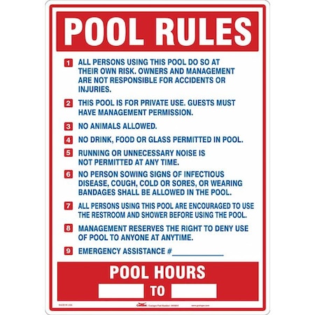 Safety Pool Rules, 20 in W x 28 in H, Vertical Rectangle, Polyethylene, 444M44 MPN:444M44
