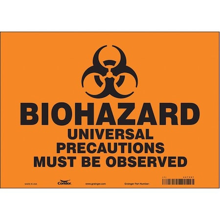 Biohazard Sign, 10 in H, 14 in W, Vinyl, Horizontal Rectangle, English, 447V87 MPN:447V87