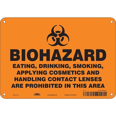 Biohazard Sign, 7 in H, 10 in W, Polyethylene, Vertical Rectangle, English, 447W25 MPN:447W25