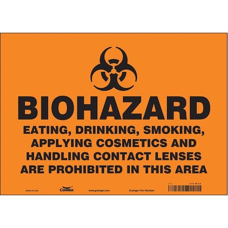 Biohazard Sign, 10 in H, 14 in W, Vinyl, Horizontal Rectangle, English, 447W28 MPN:447W28