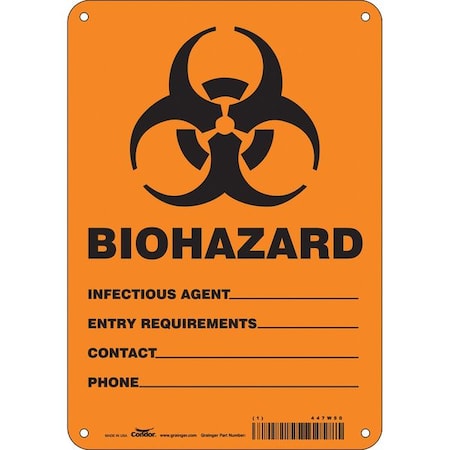 Biohazard Sign, 10 in H, 7 in W, Polyethylene, Horizontal Rectangle, English, 447W50 MPN:447W50