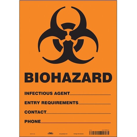 Biohazard Sign, 14 in H, 10 in W, Vinyl, Vertical Rectangle, English, 447W53 MPN:447W53