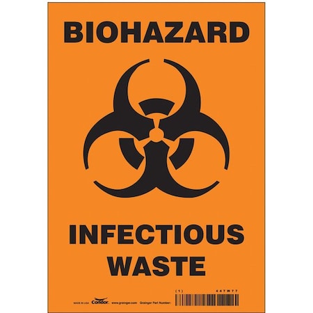 Biohazard Sign, 10 in H, 7 in W, Vinyl, Horizontal Rectangle, English, 447W77 MPN:447W77