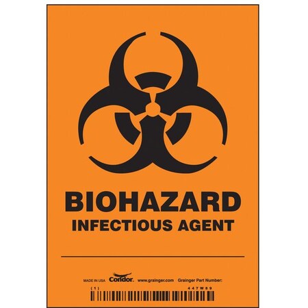 Biohazard Sign, 5 in H, 3 1/2 in W, Vinyl, Vertical Rectangle, English, 447W89, PK25 MPN:447W89