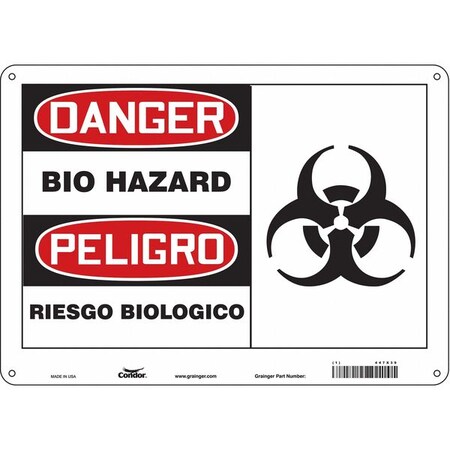 Biohazard Sign, 10 in H, 14 in W, Polyethylene, Horizontal Rectangle, English, Spanish, 447X39 MPN:447X39