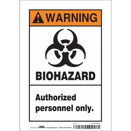 Biohazard Sign, 10 in H, 7 in W, Vinyl, Horizontal Rectangle, English, 447X56 MPN:447X56