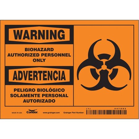 Biohazard Sign, 5 in Height, 7 in Width, Vinyl, Horizontal Rectangle, English, Spanish MPN:447X82