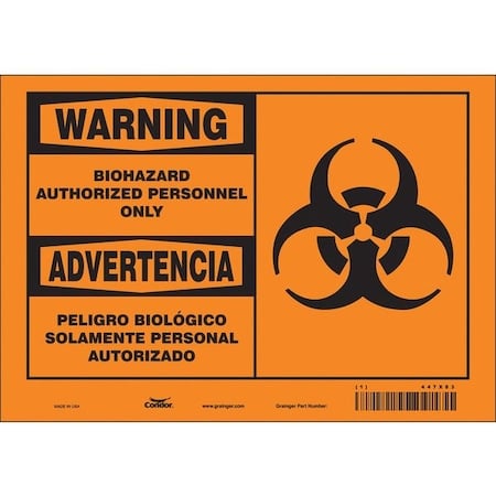 Biohazard Sign, 10 in Height, 7 in Width, Vinyl, Horizontal Rectangle, English, Spanish MPN:447X83