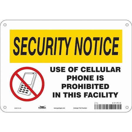 Safety Sign Cell Phone, 7 in H, 10 in W, Polyethylene, Vertical Rectangle, English, 451P05 MPN:451P05