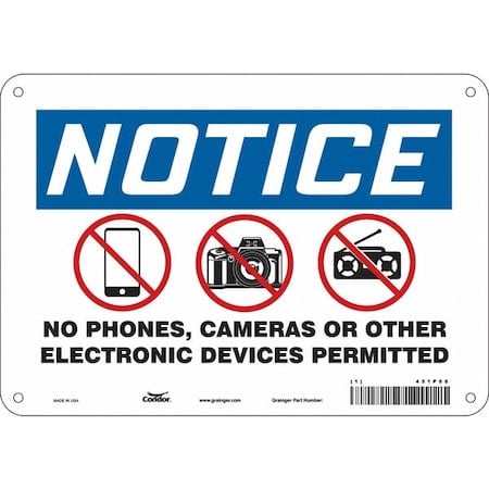 Notice, No Phones, Cameras Or Other Electronic Devices Permitted, 10 in x 7 in, Polyethylene, 451P68 MPN:451P68