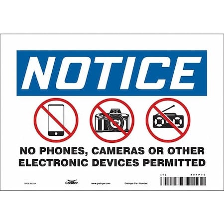No Phones, Cameras Or Other Electronic Devices Permitted, Vinyl, 7 in x 10 in, Adhesive MPN:451P70