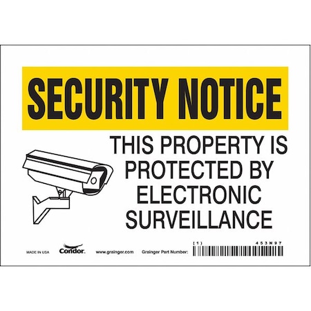 Security Sign, 5 in H, 7 in W, Vinyl, Horizontal Rectangle, English, 453N97 MPN:453N97