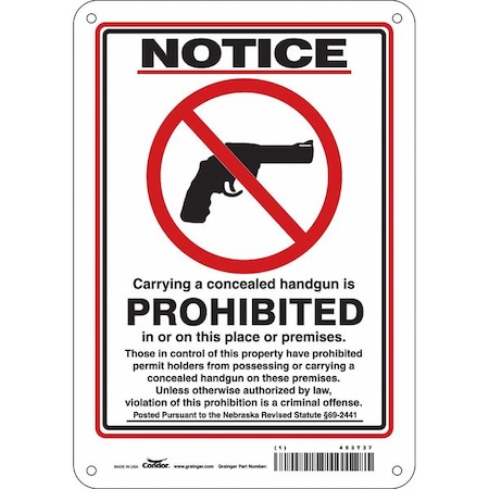 No Concealed Weapons Sign, 10 in H, 7 in W, Aluminum, Horizontal Rectangle, English, 453T37 MPN:453T37