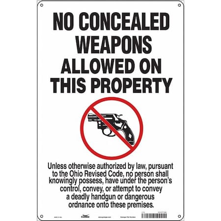 No Concealed Weapons Sign, 18 in H, 12 in W, Aluminum, Vertical Rectangle, English, 453T56 MPN:453T56