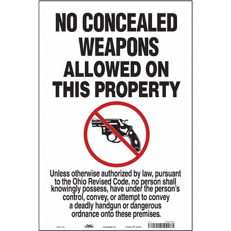 No Concealed Weapons Sign, 18 in H, 12 in W, Vinyl, Vertical Rectangle, English, 453T58 MPN:453T58