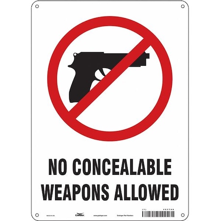 No Concealed Weapons Sign, 14 in H, 10 in W, Polyethylene, Vertical Rectangle, English, 453T60 MPN:453T60