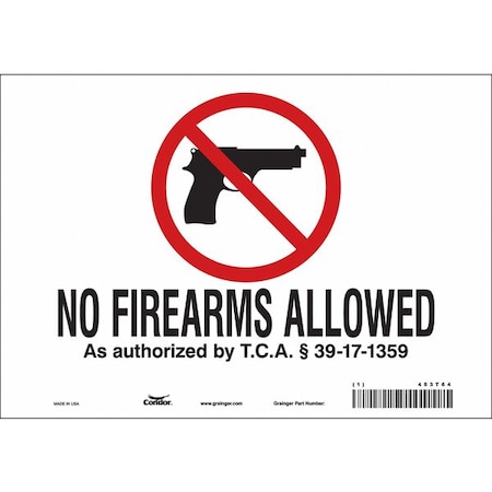 No Concealed Weapons Sign, 7 in H, 10 in W, Vinyl, Vertical Rectangle, English, 453T64 MPN:453T64