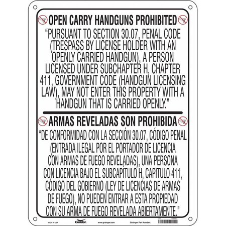 No Concealed Weapons Sign, 24 in Height, 18 in Width, Aluminum, Vertical Rectangle MPN:453T68