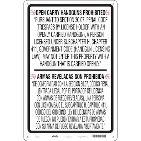 No Concealed Weapons Sign, 36 in Height, 24 in Width, Aluminum, Vertical Rectangle MPN:453T69