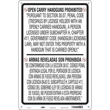 No Concealed Weapons Sign, 36 in Height, 24 in Width, Polyethylene, Vertical Rectangle MPN:453T72