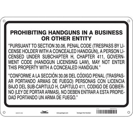 No Concealed Weapons Sign, 18 in Height, 24 in Width, Aluminum, Horizontal Rectangle MPN:453T74