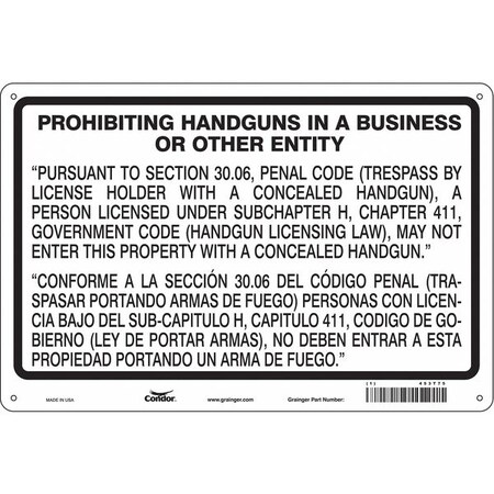 No Concealed Weapons Sign, 24 in Height, 36 in Width, Aluminum, Horizontal Rectangle MPN:453T75