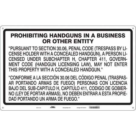 No Concealed Weapons Sign, 30 in Height, 48 in Width, Aluminum, Horizontal Rectangle MPN:453T76