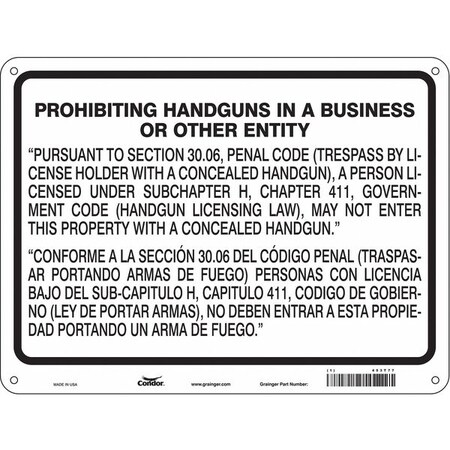No Concealed Weapons Sign, 18 in Height, 24 in Width, Polyethylene, Horizontal Rectangle MPN:453T77