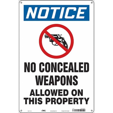 No Concealed Weapons Sign, 18 in H, 12 in W, Aluminum, Vertical Rectangle, English, 453U03 MPN:453U03