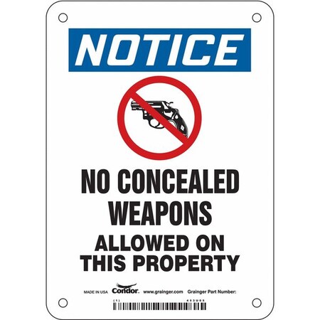 No Concealed Weapons Sign, 7 in H, 5 in W, Polyethylene, Vertical Rectangle, English, 453U05 MPN:453U05